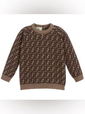 Fendi Brown Logo Jacquard Crewneck Cashmere Jumper Sweater - 12 Months